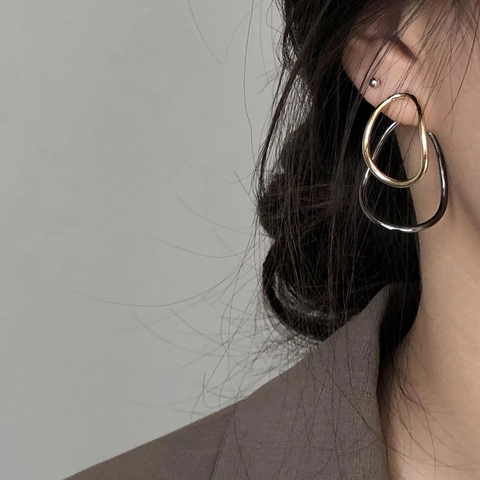 Irregular Double Hoop Earrings Geometric Contrast Color Studs With 925 Sterling Silver Earring Post Minimalist Retro