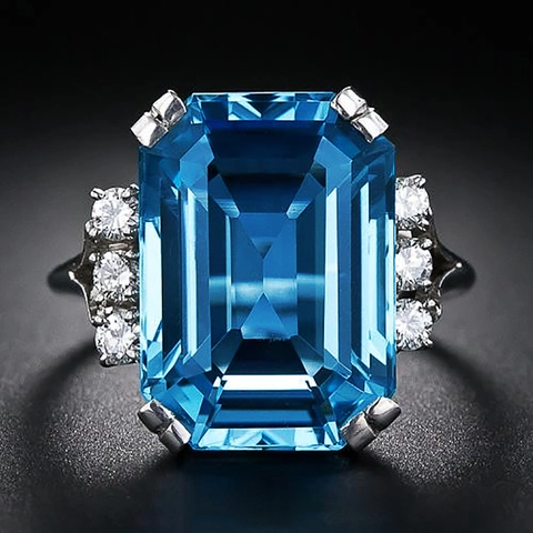 Smaragdgeslepen Blauwe Zirkoon Ring Koper Rechthoekige Statement Bruiloft Sieraden Voor Dames