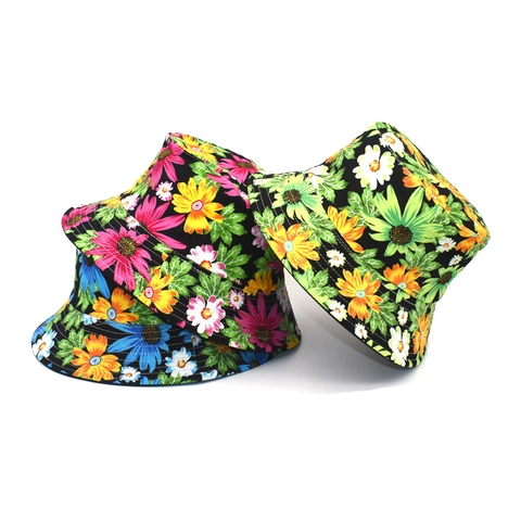Floral Print Bucket Hat Cotton Breathable Sun Protection Wide Brim Chrysanthemum Daisy Pattern Outdoor Summer Travel