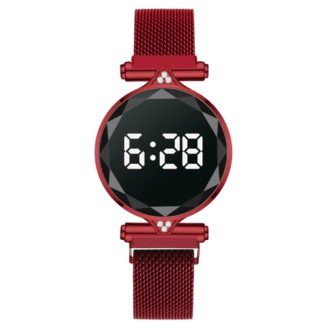 Reloj Digital LED de Moda para Mujer Con Caja de Aleación de Diamantes de Imitación Correa Magnética de Malla Milanesa Vidrio Facetado Elegante