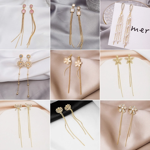 Long Tassel Drop Earrings Alloy Rhinestone Artificial Pearl Elegant Dangle Jewelry For Women Silver Earring Post Fashion Trendy