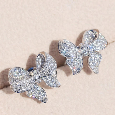 Elegant Bowknot Stud Earrings And Pendant Necklace Copper Micro Pave Zircon Jewelry For Women