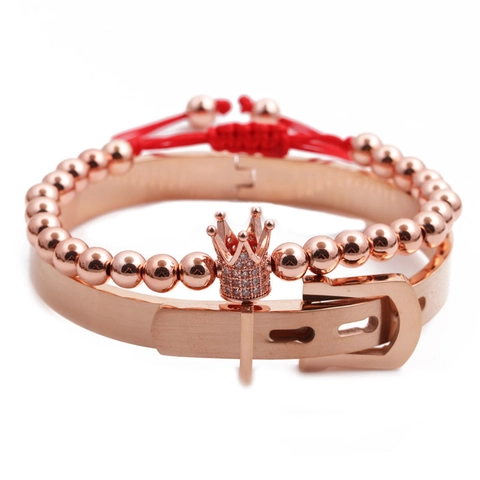 Brazalete De Acero Inoxidable Corona Circón Y Pulsera De Cuerda Trenzada Ajustable Joyería De Moda Unisex Accesorios Elegantes