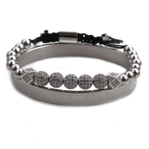 Stainless Steel Roman Numeral Cuff Bangle And Copper Micro Pave CZ Beaded Bracelet For Men Women Adjustable Jewelry
