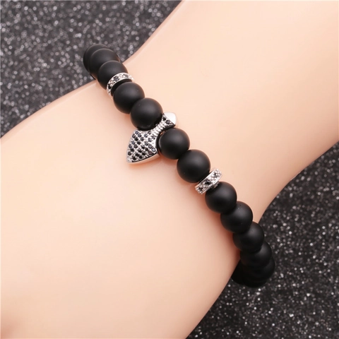 Pulsera De Cuentas De Piedra Natural Y Cobre Micro Circonita Punta De Flecha Corona Amuleto Elástico Hombre Moda Punk Joyería