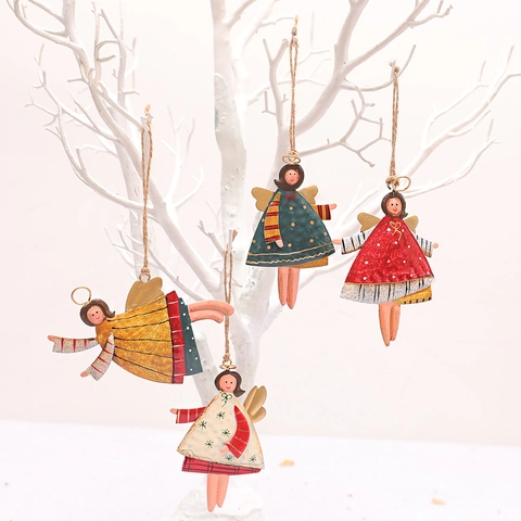 Christmas Angel Girl Hanging Ornaments Hand Painted Metal Alloy With Wings For Holiday Tree Party Decor Vintage Style