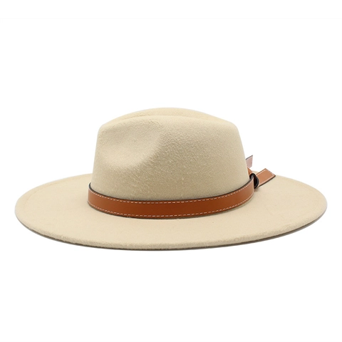 Wide Brim Fedora Hat Wool Felt Jazz Cap With Leather Belt Band Contrast Stitching Vintage For Men Women