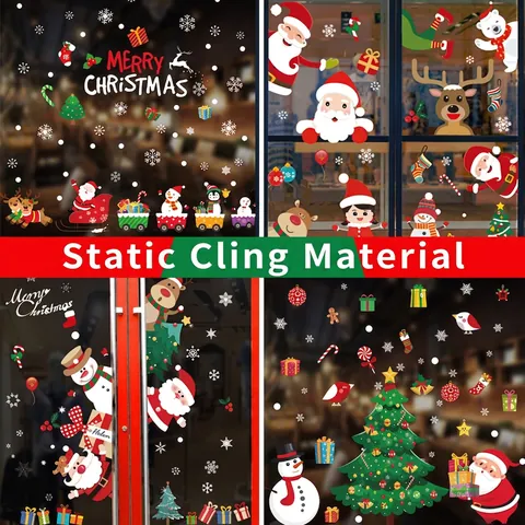 Pegatinas Navidad Para Ventana Estáticas PVC Removibles Reutilizables Papá Noel Copos Nieve Reno Decoración