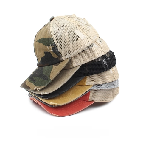 Washed Distressed Baseball Cap Women Criss Cross Ponytail Trucker Hat Breathable Mesh Vintage Casual Sun Shade Outdoor