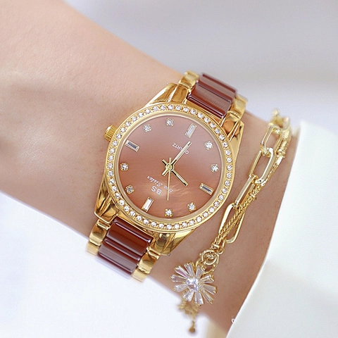Modieus Dames Quartz Horloge Strass Bezel Keramische Legering Band Elegante Waterdichte Polshorloge
