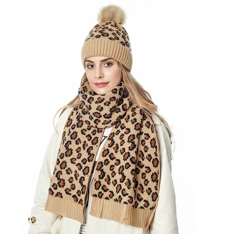 Bonnet En Maille Femme Imprimé Léopard Chaud En Acrylique Bonnet D'Hiver Avec Pompon En Fausse Fourrure