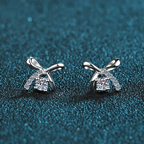 S925 Sterling Zilveren Strik Oorknopjes Voor Vrouwen Moissaniet Zirconia Ingelegd Verguld Elegante Strik Sieraden