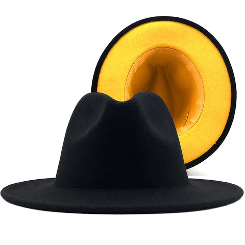 Fedora Hoed Tweekleurig Wolvilt Brede Rand Platte Jazz Stijl Mode Unisex Zwart Geel Contrast Casual Winter Herfst