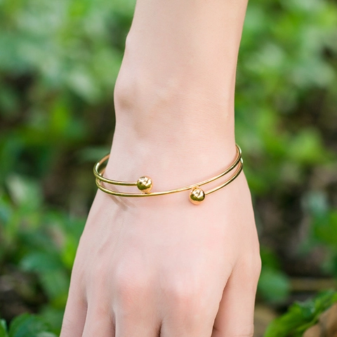 Pulsera De Brazalete Abierto De Acero Inoxidable De Varias Capas Con Perlas De Metal Pulido Joyería Elegante