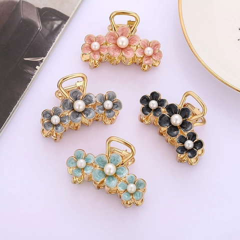 Pinza Para El Cabello De Flor Vintage Elegante Aleación Dorada Pétalos De Esmalte Perlas Artificiales Artificiales Horquillas Accesorios Retro Para Mujeres