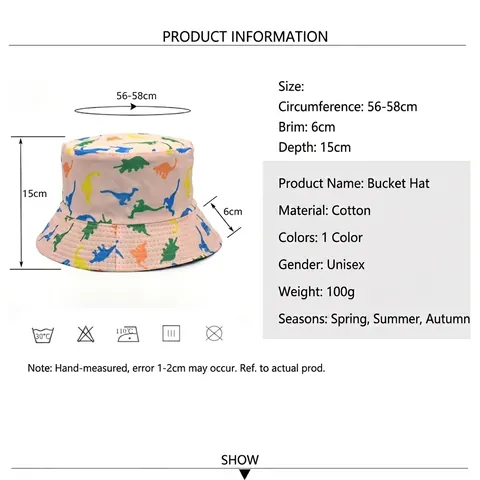 Omkeerbare Vissershoed Katoen Polyester Cartoon Dinosaurus Print Zonbescherming Reis Strand Koreaanse Stijl Unisex Hoed