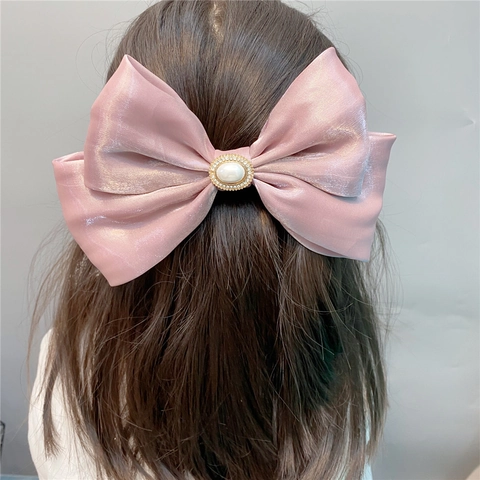 Large Double Layer Satin Bow Hair Clip With Faux Artificial Pearl Rhinestone Elegant Korean Style Spring Clip For Women Girls