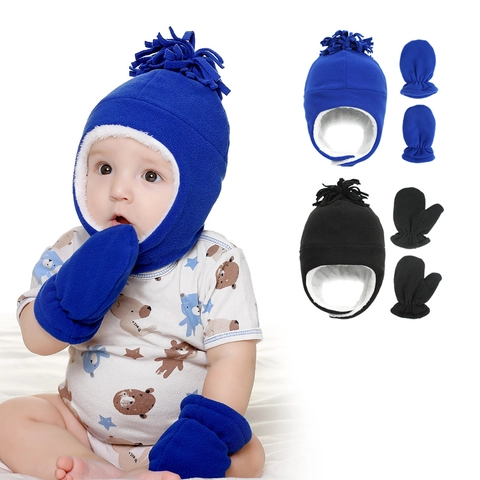 Baby Winter Oorklep Muts En Wanten Fleece Warm Pluche Gevoerd Trapper Pet Voor Peuter Kinderen Outdoor