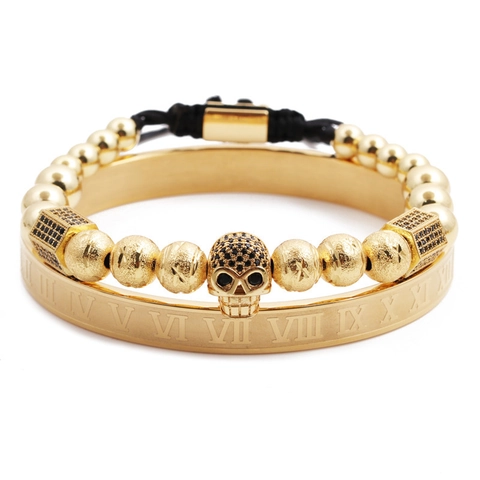 Bracciale E Manetta Da Uomo Acciaio Inossidabile Rame Zirconia Numeri Romani Teschio Corona Punk Hip Hop Regolabile