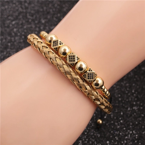 Brazalete Números Romanos De Acero Inoxidable Cobre Y Pulsera De Cuentas Circonita Trenzada Joyería Moda