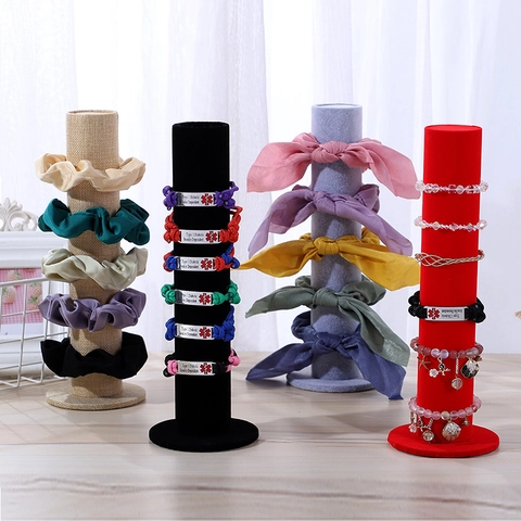 Vertical Jewelry Display Stand Cylinder Velvet Linen Hair Tie Bracelet Watch Organizer Pillar Rack For Retail Shop Home