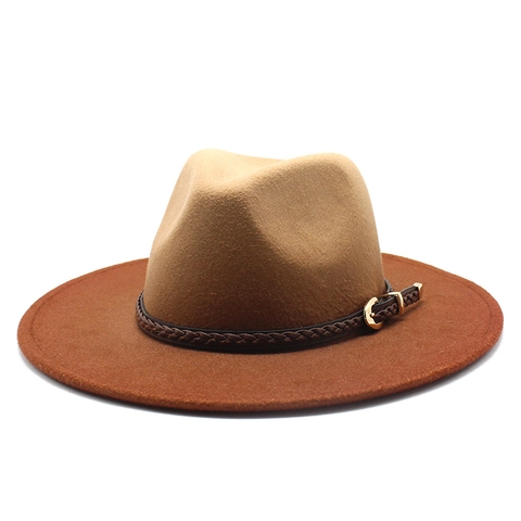 Vintage Gradient Wide Brim Fedora Hat Felt Jazz Cap With Braided Belt Metal Buckle British Style For Men Women