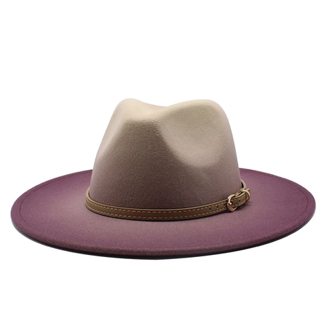 Breitkrempiger Fedora Hut Mit Farbverlauf Wollfilz Jazz Kappe Mit Ledergürtelschnalle Für Damen Herren
