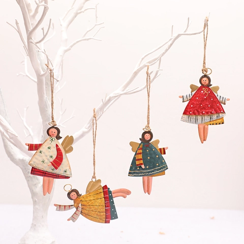 Christmas Angel Girl Hanging Ornaments Hand Painted Metal Alloy With Wings For Holiday Tree Party Decor Vintage Style
