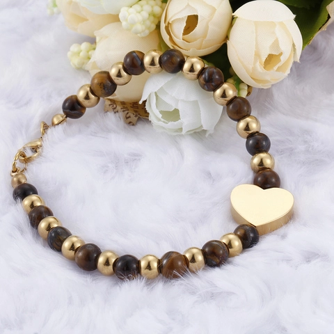 Bracciale Di Perline In Pietra Occhio Di Tigre Con Pendente A Cuore In Acciaio Inossidabile Per Donna