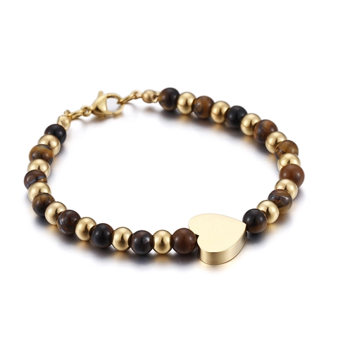 Bracciale Di Perline In Pietra Occhio Di Tigre Con Pendente A Cuore In Acciaio Inossidabile Per Donna