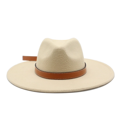 Wide Brim Fedora Hat Wool Felt Jazz Cap With Leather Belt Band Contrast Stitching Vintage For Men Women