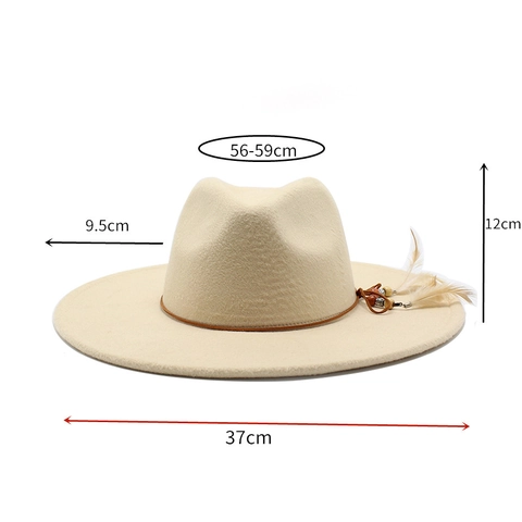 Wide Brim Fedora Hat Wool Felt Vintage British Style Flat Top Jazz Cap With Feather Bead Decor For Men Women
