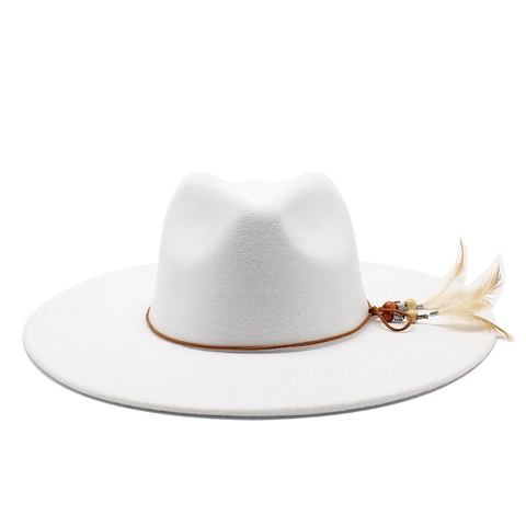 Wide Brim Fedora Hat Wool Felt Vintage British Style Flat Top Jazz Cap With Feather Bead Decor For Men Women