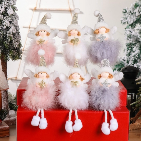 Christmas Angel Ornaments Feather Wing Sequin Hat Plush Doll Hanging Pendant Standing Xmas Tree Decoration Festive Home Party