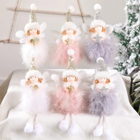 Christmas Angel Ornaments Feather Wing Sequin Hat Plush Doll Hanging Pendant Standing Xmas Tree Decoration Festive Home Party