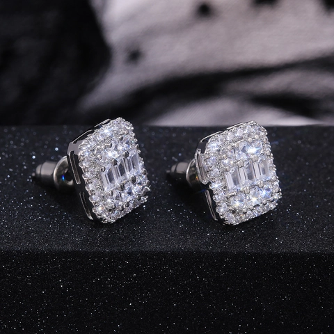 Boucles Oreilles Clous Rectangulaires Cuivre Plaqué Or Blanc Zircone Coupe Baguette Halo Iced Out Hip Hop Luxe Femmes