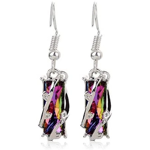 Vintage Damen Hängeohrringe Kupfer Mit Regenbogen Rechteckigem Kristall Und Zirkon Weinrebe Zweig Design Modeschmuck