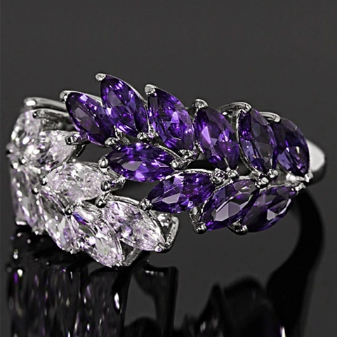 Anillos Forma Hoja Calada Cobre Con Circonita Cúbica Marquesa Púrpura Blanco Joyería Ala Elegante Regalo Para Mujeres