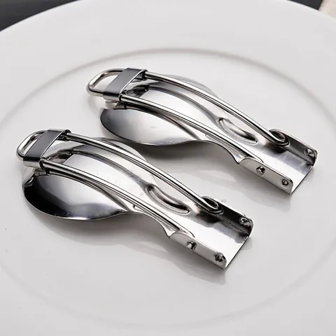 Portable Foldable Cutlery Stainless Steel Camping Spoon Fork Knife Travel Outdoor Tableware With Storage Pouch