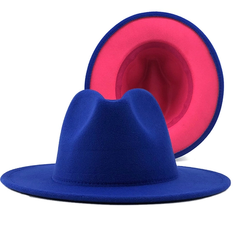 Tweekleurige Wollen Vilt Fedora Hoed Brede Rand Jazz Hoed Contrastkleur Unisex Mode Elegant