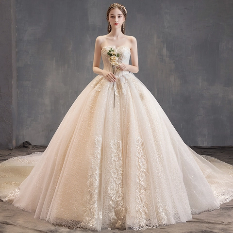 Champagne Off Shoulder Wedding Dress For Bride Lace Embroidery Sequined Mesh Long Train Bridal Gown