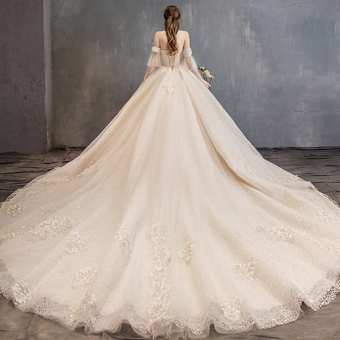 Champagne Off Shoulder Wedding Dress For Bride Lace Embroidery Sequined Mesh Long Train Bridal Gown
