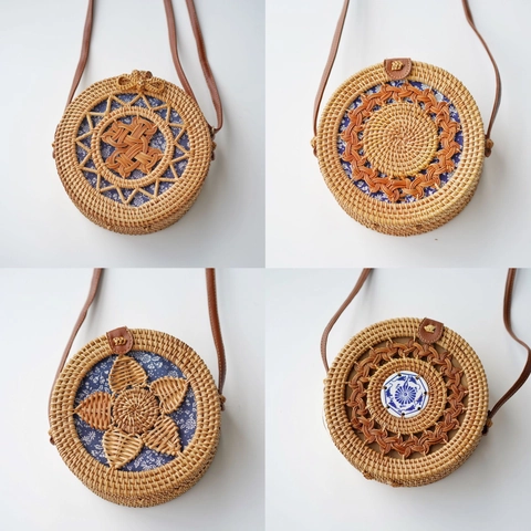 Handmade Woven Rattan Crossbody Bag Natural Straw Shoulder Purse With Leather Strap Retro Bohemian Summer Beach Vacation