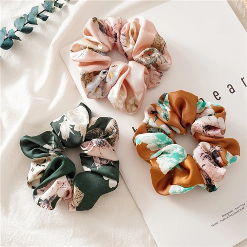 Floral Print Satin Scrunchies Elegant Hair Ties Satin Texture Elastic Ponytail Holder Accessories For Women Girls