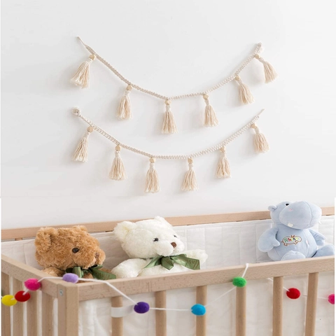 Bohemian Macrame Tassel Garland Wall Hanging Decoration With Cotton Rope Wood Beads For Kids Nursery Room Nordic Style