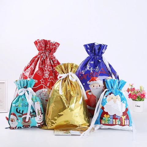 Weihnachten Kordelzug Geschenktüten Set Weihnachtsmann Rentier Muster PE Kunststoff Verpackung Tüten Feiertag Party Zubehör