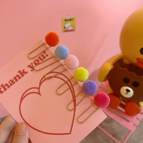 Cute Pompom Paper Clips Gold Metal Bookmarks Colorful Plush Ball Decorative Document Organizers Japanese Style Stationery