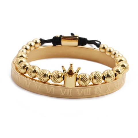 Bracciale E Manetta Da Uomo Acciaio Inossidabile Rame Zirconia Numeri Romani Teschio Corona Punk Hip Hop Regolabile