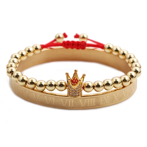 Roman Numeral Open Bangle And Crown Charm Beaded Bracelet Stainless Steel Copper Cubic Zirconia Adjustable Punk Jewelry