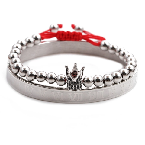 Roman Numeral Open Bangle And Crown Charm Beaded Bracelet Stainless Steel Copper Cubic Zirconia Adjustable Punk Jewelry
